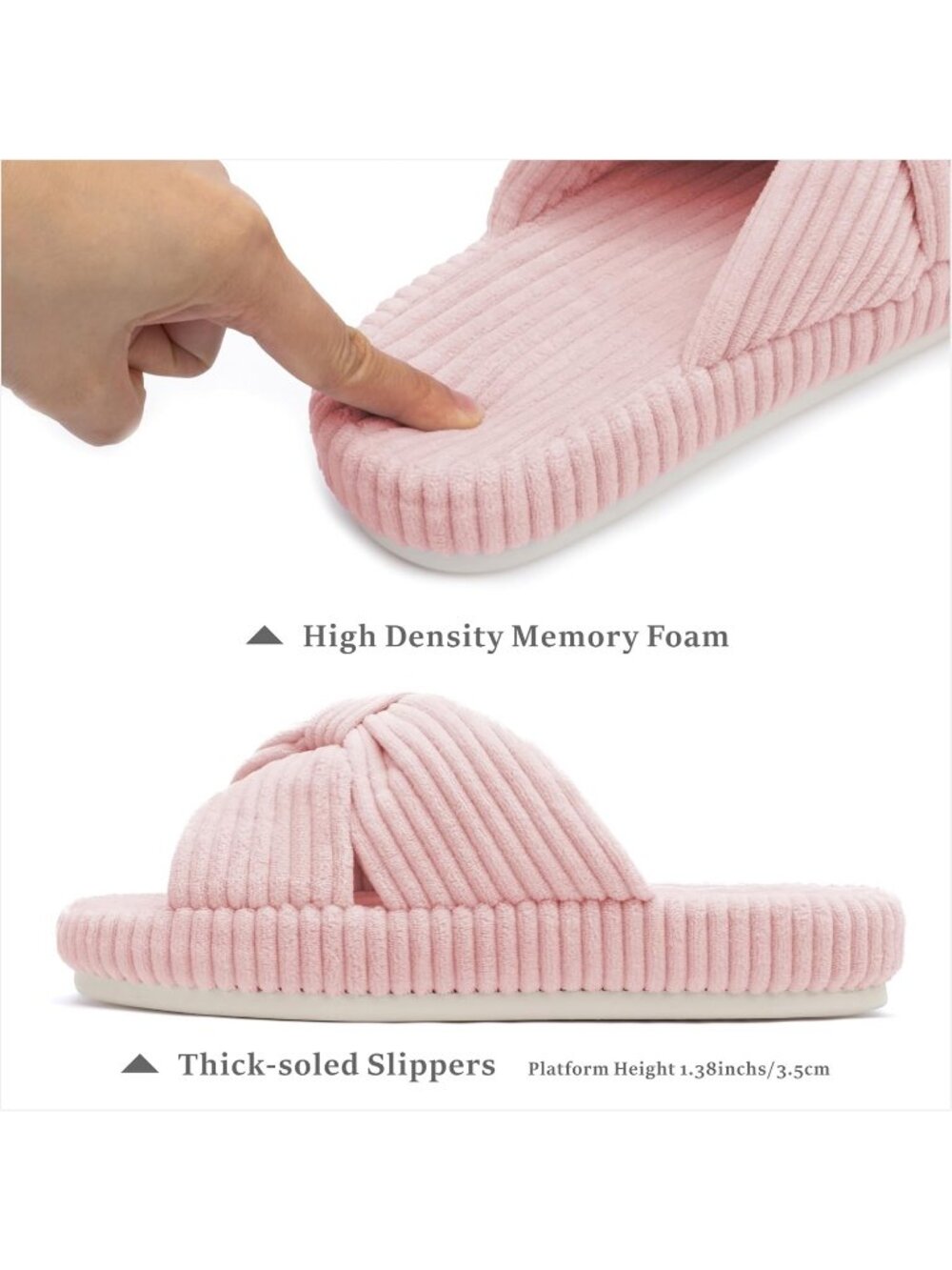 Women's Pink Memory Foam House Corduroy Bow Crossbands Comfy Soft Slipper Shoes - Picture 3 of 6